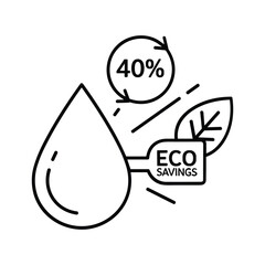 Eco savings water drop icon with 40% recycling and leaf symbol