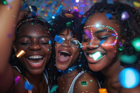 Teenager African friends at birthday party night photo accessories celebrating.