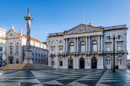 Lisbon Portugal - Municipal square in front of city hall with the characteristic black and white stone mosaic, in walking distance from commerce square.