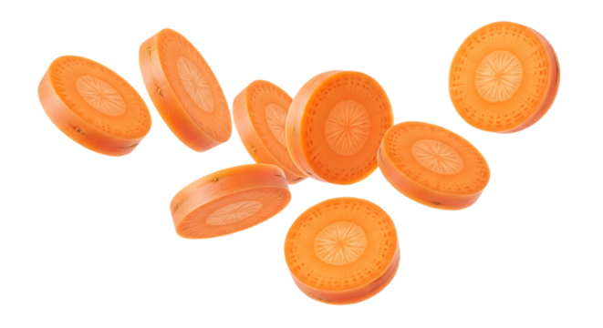Sliced Carrot Rounds Floating on Black Background Keywords: carrot, vegetable, sliced, rounds