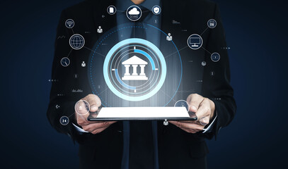 A global FinTech and digital banking network technology concept. A central financial system connected to the worldwide digital economy and services. Motif