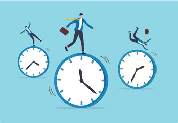 Time management, work schedule and deadline or productivity and efficiency work concept, businessmen riding rolling clock face with confidence skillful man in the middle success manage to reach target
