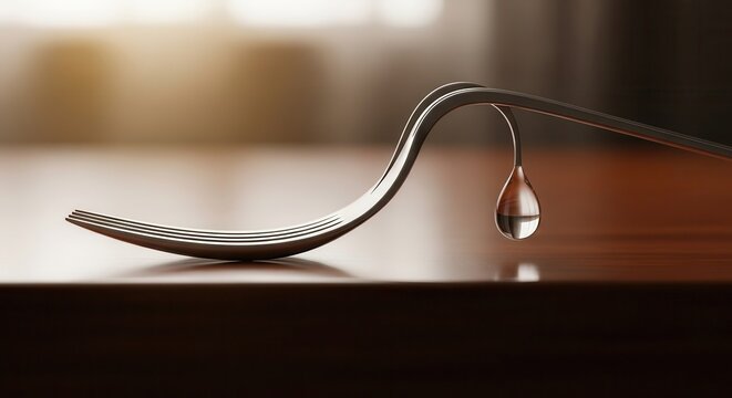 Metallic eating utensil delicately holds a perfect sphere of clear liquid suspended above a reflective surface.