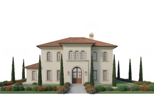 Cream stucco Mediterranean villa with arched windows and red tile roof isolated on a transparent background