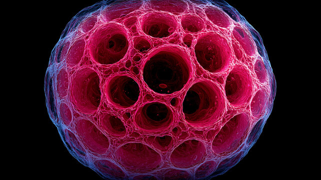 A spherical multicellular organism displaying interconnected internal cavities representing biological growth and developmental complexity
