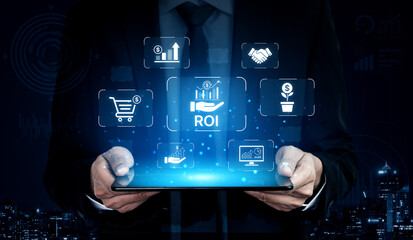 Concept of Return on Investment (ROI) for business. Analyzing financial performance and investment strategy to measure profit, growth, and the success of a marketing campaign. Fermion