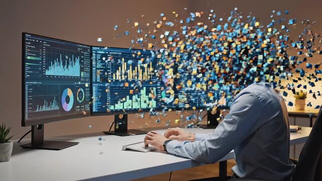 Conceptual animation of a stressed financial analyst working late in an office, his head exploding into pixels due to burnout, digital chaos, and overwhelming data from multiple computer monitors - Powered by Adobe