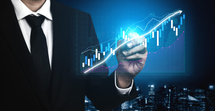 A business professional analyzes financial data using a digital interface, showcasing growth trends against a vibrant urban skyline backdrop. Impute