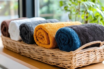 A neatly arranged set of rolled towels displayed in a woven basket, perfect for adding warmth and aesthetic appeal to bathrooms and spas with a touch of comfort.