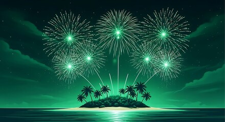 Spectacular green fireworks over a tropical island at night.