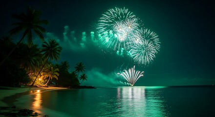 Tropical beach night, green fireworks burst above serene ocean