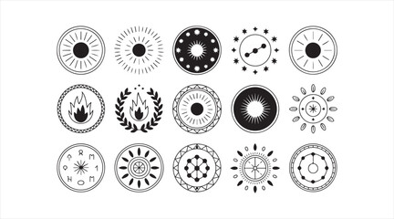 Celestial round emblem collection with abstract cosmic shapes, hourglass, laurel, and sun-moon motifs