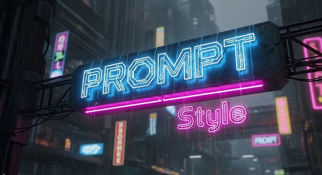 Neon 'prompt style' sign in rainy cyberpunk urban night scene