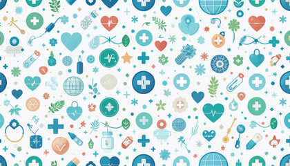 Seamless pattern of healthcare symbols and medical icons
