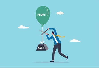 Cost reduction, cut expense to increase profit, improve business profitability by reduce spending, decrease investment fees, businessman using scissors to cut heavy cost burden and let profit run. 