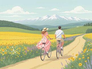 Obraz premium Couple enjoying a peaceful bike ride through a flower field. Cycling together in a vibrant, colorful flower meadow. Romantic bike ride through a scenic countryside flower field