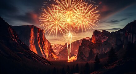 Spectacular fireworks display illuminates a majestic mountain range