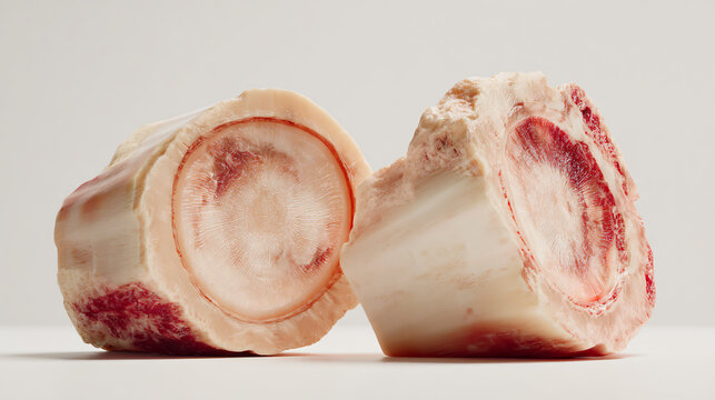 Cross section of raw animal bone showing marrow cavity isolated on white background