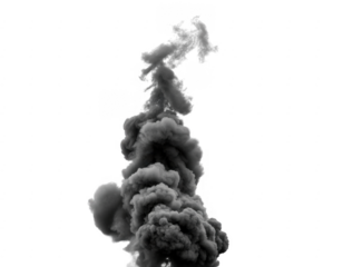 Dark gray smoke plume rising against black isolated on a transparent background