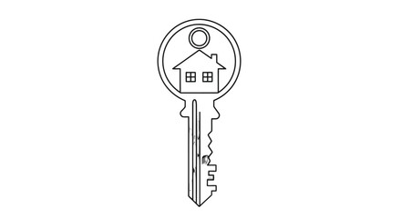 A black and white line art icon of a house key, symbolizing real estate, home ownership, and security.