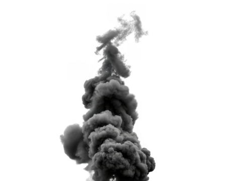 Dark gray smoke plume rising against black isolated on a transparent background