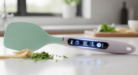 Modern digital spatula rests on a countertop near freshly chopped herbs and sliced ingredients