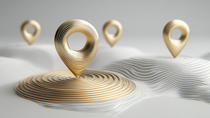 Golden location markers arranged on a wavy topographic surface symbolizing navigation, precision and strategic positioning.
