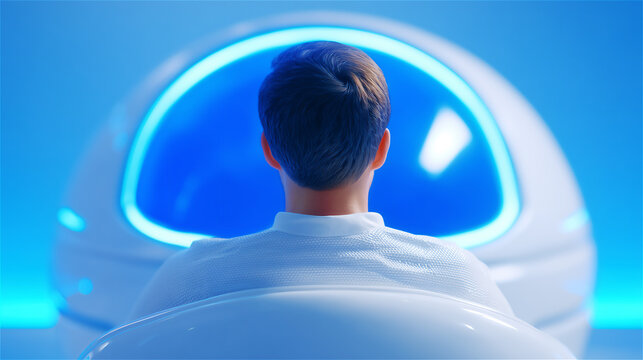 Person sitting inside a futuristic sensory pod with glowing blue light, experiencing immersive technology, calmness and modern wellness environment.