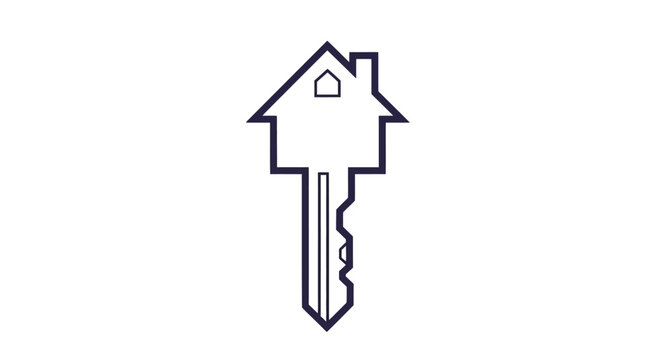 A minimalist line art icon of a key with the head shaped like a house, symbolizing homeownership and real estate.
