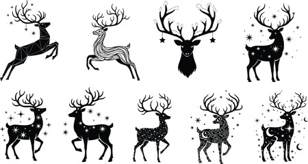 Black and white Christmas reindeer silhouettes with decorative stars, winter holiday illustration set featuring elegant seasonal deer artwork