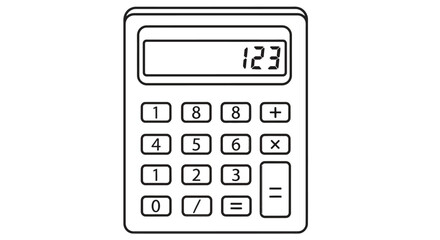A simple black and white line art illustration of a basic electronic calculator with numbers on the display.