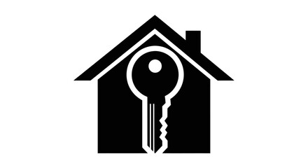 A black and white graphic illustration of a house outline with a key superimposed in the center, symbolizing home security or real estate.