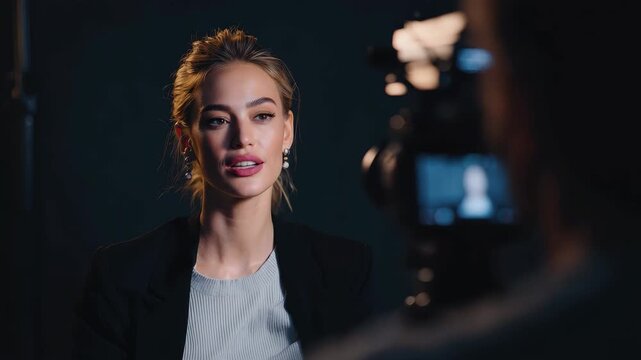 Woman speaking during a professional interview session with a camera focused on her