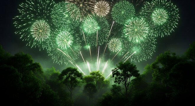 Vibrant green fireworks illuminate dense forest at deep night
