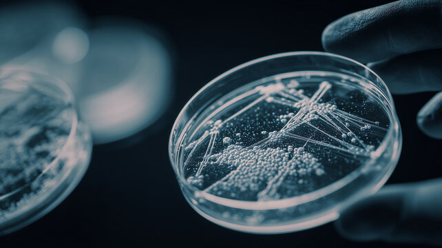 A microbiology petri dish showing bacterial colony growth patterns representing scientific analysis, laboratory research and microbial behavior interpretation.
