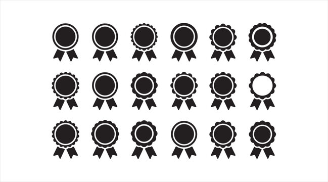 Set of award badge silhouettes with ribbon seals and achievement emblems for recognition and certification artwork