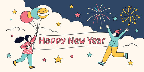 Naklejka premium Happy New Year Vector Template – Festive Holiday Greeting Design with Decorative Typography, Celebration Elements, Modern New Year Card Layout, Seasonal Party Banner Illustration