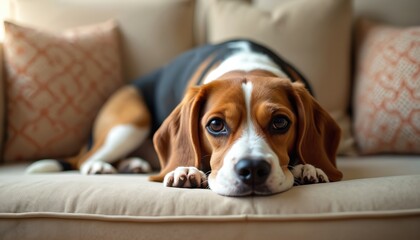 Beagle dog rests on a sofa with plush pillows. This furry friend enjoys a quiet moment indoors, looking relaxed and content in a cozy home setting. The domestic animal is comfortable on the furniture.