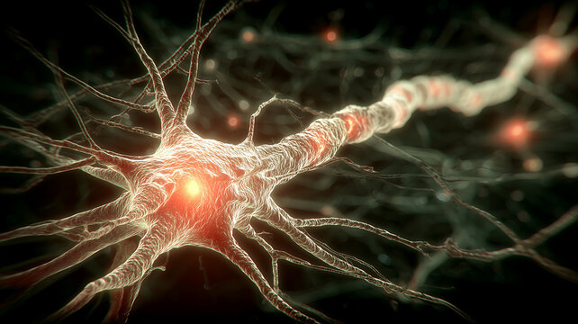 A detailed neuron structure radiating organic luminosity symbolizing biological communication, neural processing and advanced cognitive function.
