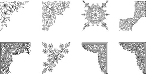 Elegant floral and ornamental vector corner designs, decorative vintage frames, intricate baroque motifs, detailed silhouette embellishment elements