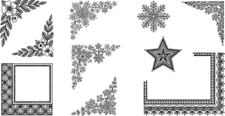 Elegant floral and ornamental vector corner designs, decorative vintage frames, detailed star motif, intricate botanical silhouette embellishment elements