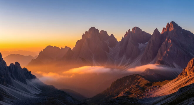 Majestic alpine panorama at golden hour, where rugged mountain peaks pierce through a serene cloud inversion, bathed in the warm glow of sunrise, revealing the stunning beauty of the high country