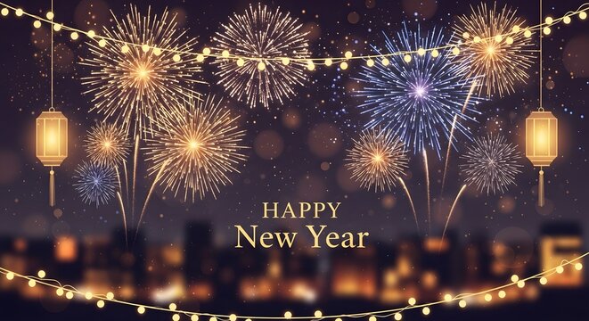 Happy new year fireworks celebration with city lights and lanterns