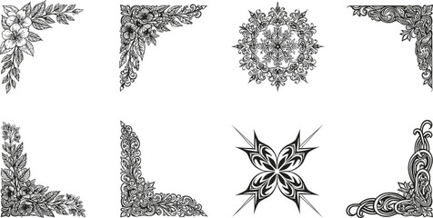 Elegant floral and ornamental vector corner designs, intricate vintage frames, decorative baroque motifs, detailed symmetrical silhouette embellishment elements