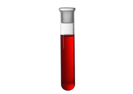 Glass test tube filled with red liquid and stopper isolated on a transparent background 1
