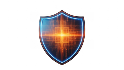 Glowing blue shield with orange digital grid isolated on a transparent background