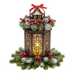 christmas wreath with candle and decorations isolated on white background