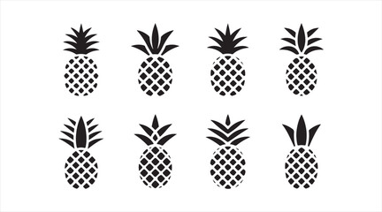Black pineapple vector silhouettes featuring fresh exotic fruit symbols for creative design themes