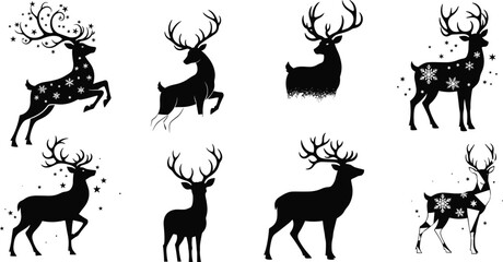 Elegant, festive, reindeer, silhouettes, with, swirling, antlers, winter, stars, Christmas, sparkle, magical, wildlife, holiday, decoration, seasonal, vector, artwork