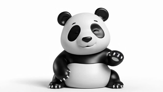 3D animation of an adorable panda with a cheerful expression and waving gesture on a white background, minimalist cartoon style. Smiling 3D Panda Waving on a Minimalist White Background.